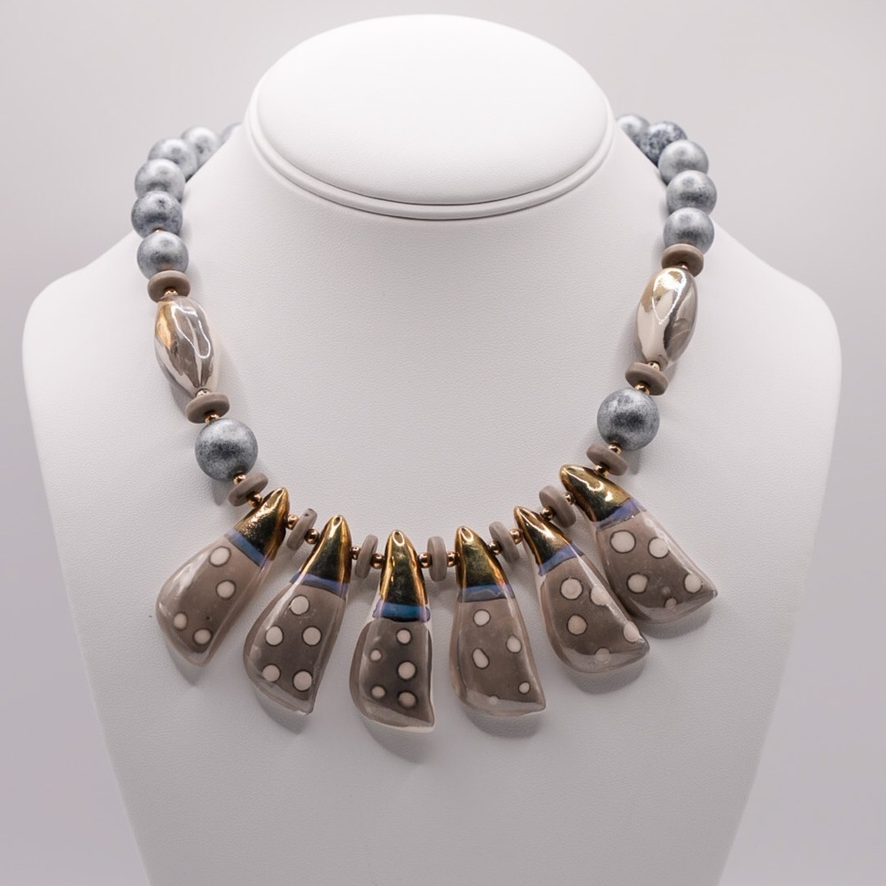 Bib Statement Necklace- Vintage- Japan with Marking- Ceramic- Chunky